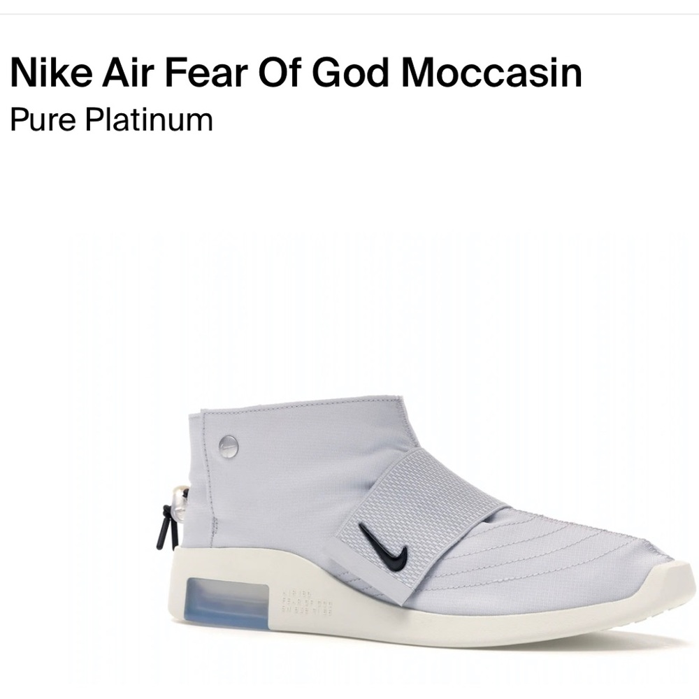 Mike Air Fear of god moccasin. Color way is pure platinum size 12 worn twice.